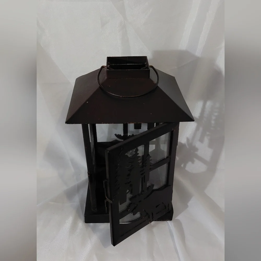 Dark Brown Metal Lantern with Moose Silhouette - Decorative Accent